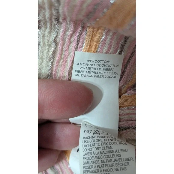 Lucky Brand Womens Top Large Pink Orange Metallic Striped Cotton Shirt‎ Popover - Picture 5 of 9
